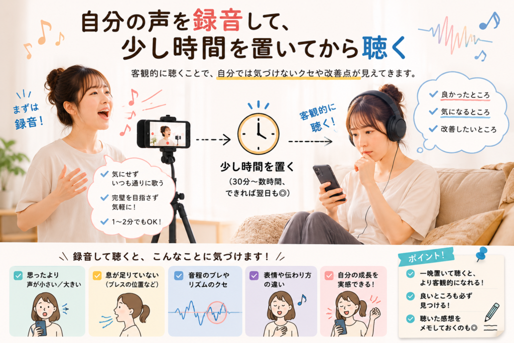 自分の声を録音して聞き返す